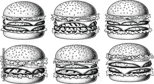 Black and white vector illustration set of six delicious double cheeseburgers with sesame buns lettuce and melting cheese for restaurant menu and fast food design