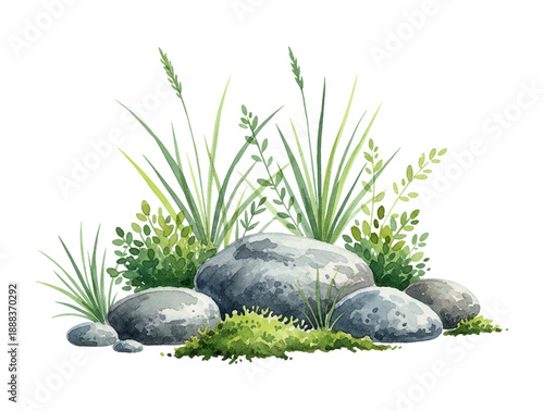 Watercolor painting of natural grey stones and green grass with fresh moss on a clean white background