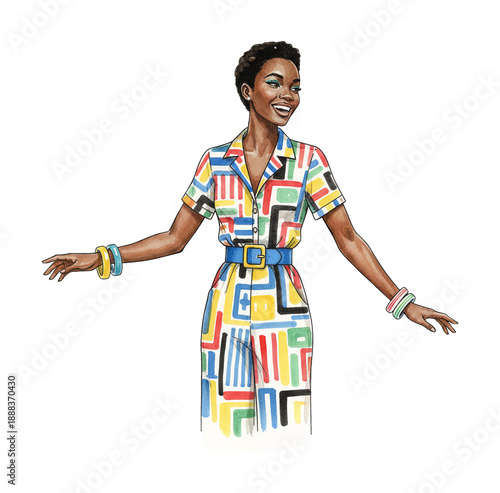 Happy African American woman smiling brightly with outstretched arms wearing a vibrant geometric pattern jumpsuit illustration
