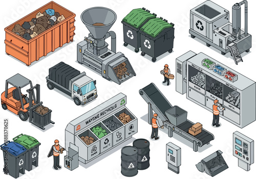 Recycling Process Isometric View of Waste Management and Sorting