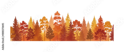 Beautiful Autumn Forest Landscape with Vibrant Orange and Red Trees in Watercolor Style on White Background