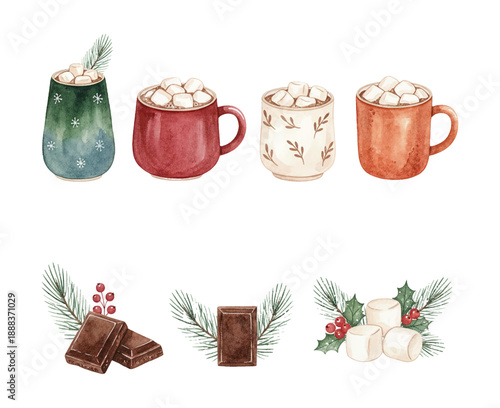 Watercolor Winter Beverages and Chocolate Treats with Marshmallows and Festive Decorations