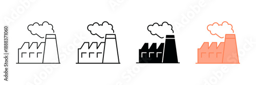 Set of minimalist factory icons with transparent background, depicting industrial buildings, manufacturing plants, production facilities, and energy plants, vector illustration