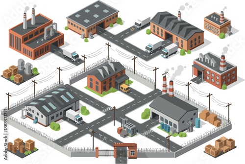 Isometric Industrial Complex Factory Buildings & Transportation Network