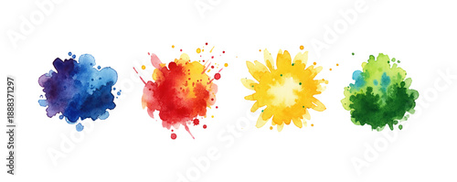 Four vibrant watercolor paint splashes in blue red yellow and green arranged on a white background