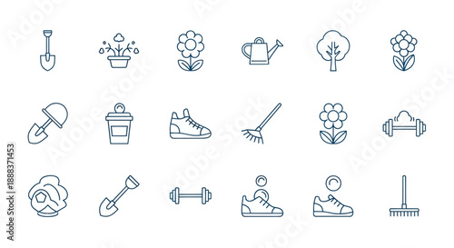 Collection of line art icons illustrating gardening fitness and daily life