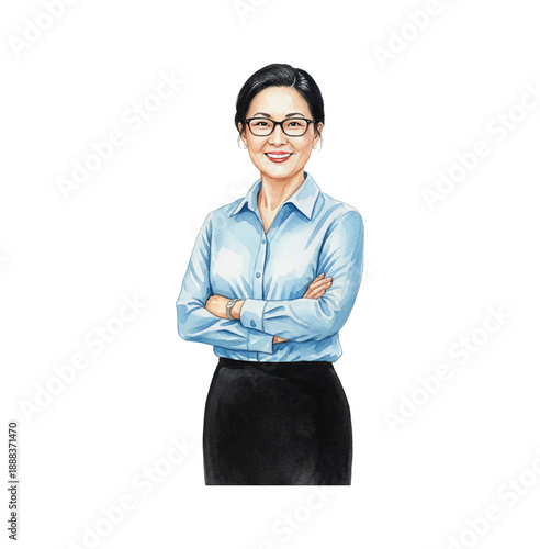 Smiling Asian Businesswoman with Glasses Posing Confidently Arms Crossed Wearing Blue Shirt Black Skirt