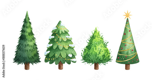 Colorful Watercolor Christmas Trees with Snow and Star Decorations on White Background