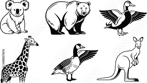 Black and white line art vector illustration set of diverse animals including a koala bear duck giraffe goose and kangaroo for zoo nature design,