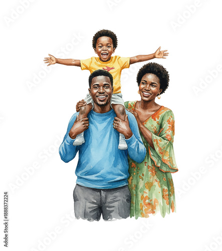 Joyful African American family with father carrying son on shoulders and mother smiling happily