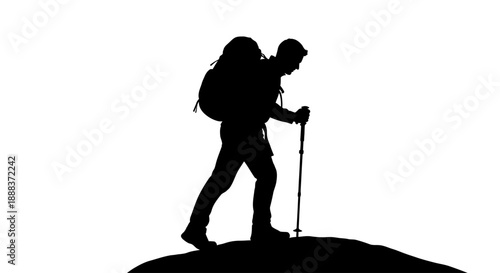Hiker climbing mountain with backpack and trekking pole on hill