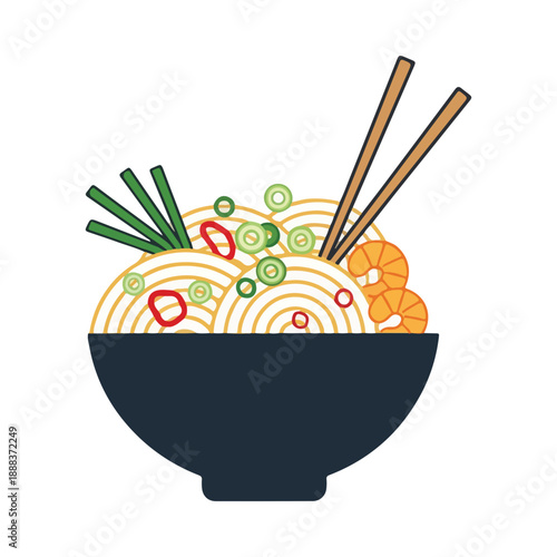 Asian Noodle Bowl Ramen Chopsticks Shrimp Vector Icon Illustration