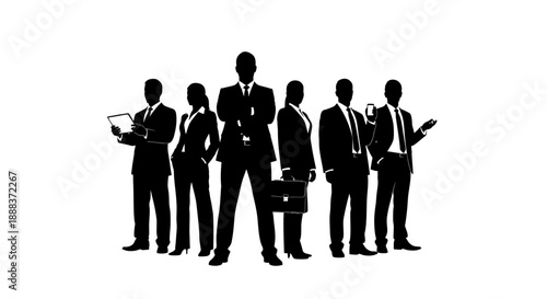 A group of businessmen in suits stand together in a line holding various office items.