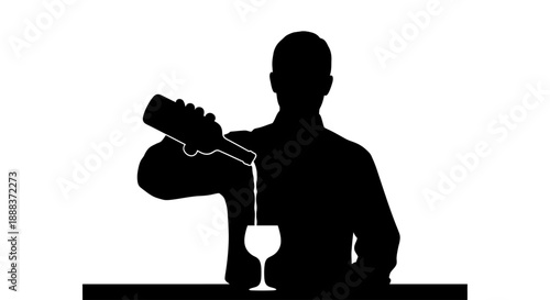 Man pouring wine into glass at bar with bottle and drink