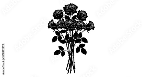 A bunch of black roses with leaves are standing upright.