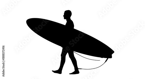 Surfer carrying surfboard on beach, illustration of active person with sports equipment