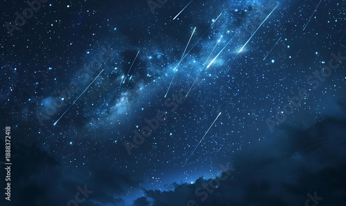Abstract starry night sky with shooting stars and glowing constellations