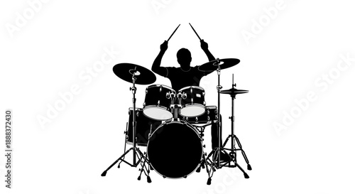 Silhouette Drummer Playing Drums with Cymbals and Sticks in Studio