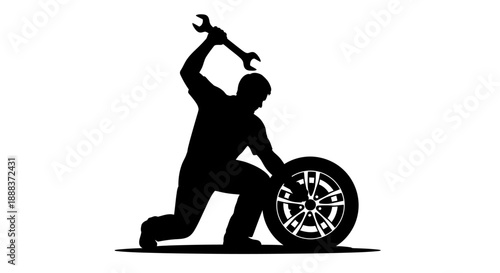 Mechanic repairing wheel with wrench, kneeling beside tire, silhouette illustration