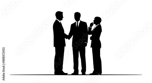 Three business professionals engaging in a meeting, shaking hands and conversing in a formal setting