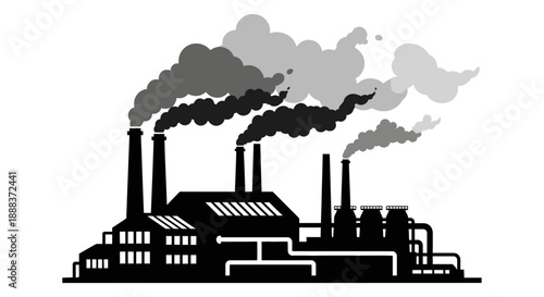 Industrial factory emitting smoke from chimneys, viewed from the front in a graphic illustration