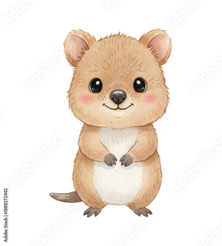 A cute smiling quokka standing upright with rosy cheeks in a friendly watercolor illustration