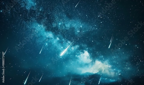 Dreamy abstract night sky featuring stars, constellations, and meteor trails