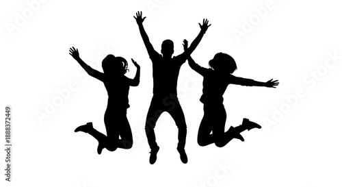 Three silhouetted people jumping in unison, conveying joy and freedom in a minimalist illustration