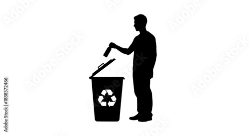 Man disposing waste into recycling bin with recycling symbol illustration