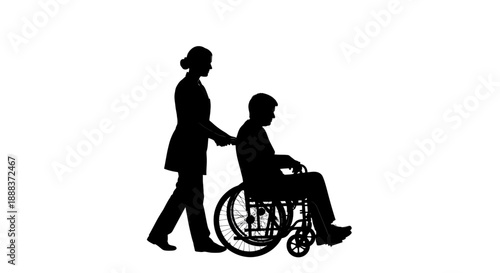 Caregiver Assisting Disabled Person in Wheelchair, Walking Together, Silhouette Illustration