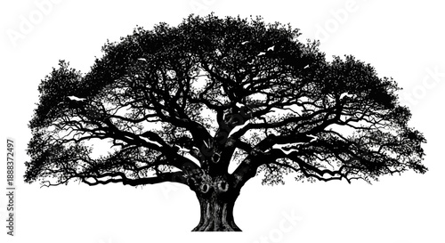 Majestic tree with sprawling branches stands tall in a serene landscape viewed from the front