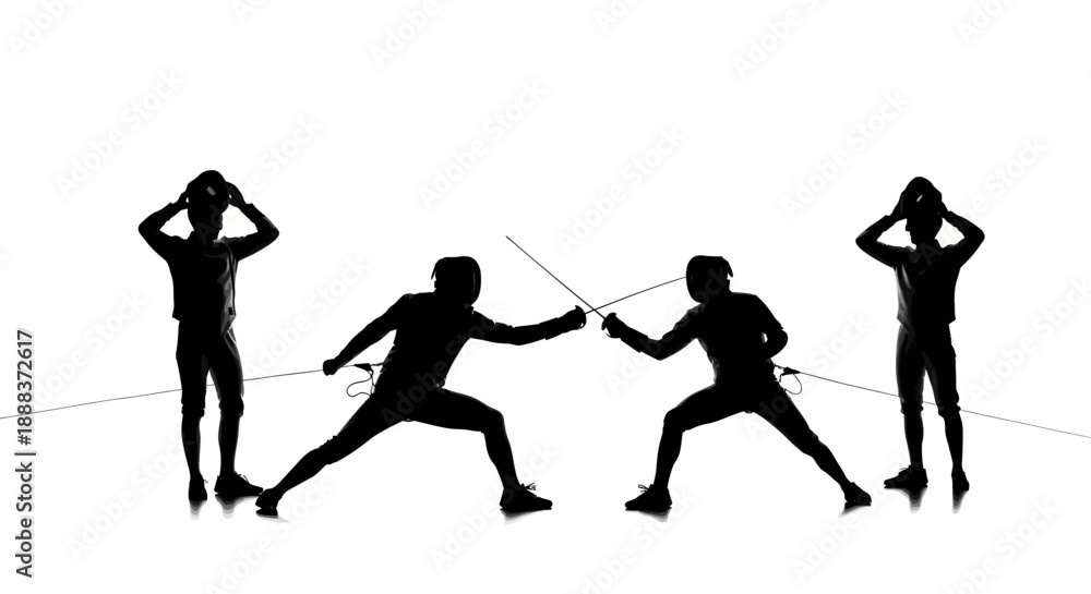 Obraz premium Fencers in action, engaged in a duel, surrounded by spectators, vector illustration, black silhouettes, dynamic movement