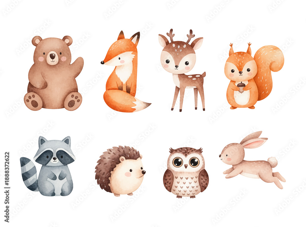 Fototapeta premium Adorable Watercolor Woodland Animals Collection Bear Fox Deer Squirrel Raccoon Hedgehog Owl Rabbit Cute