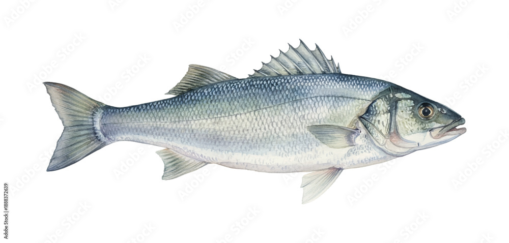 Obraz premium Realistic Watercolor Illustration of a Silver Sea Bass Fish Swimming with Detailed Scales and Fins