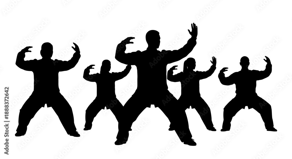 Fototapeta premium Group of people practicing martial arts in unison from a front view