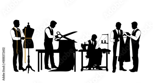 Tailors working together in a workshop environment viewed from the side
