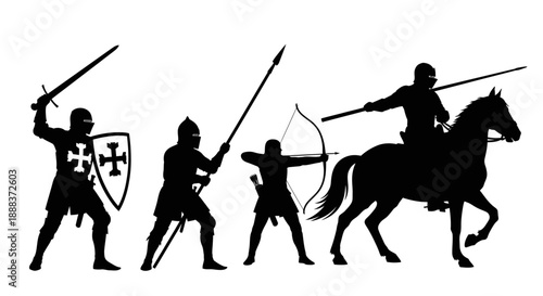 Medieval warriors in combat, silhouetted against a plain background, showcasing various fighting techniques and historical armor