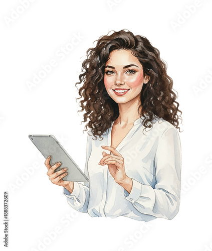 Young Caucasian woman smiling happily while holding a tablet device looking confident and approachable
