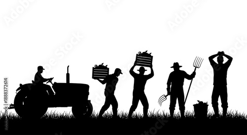 Farmers working together in a field with a tractor and various agricultural tools
