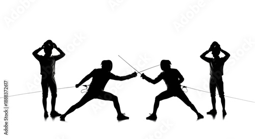 Fencers in action, engaged in a duel, surrounded by spectators, vector illustration, black silhouettes, dynamic movement