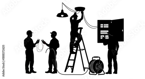 Technicians installing lighting equipment on a ladder, working together on a project