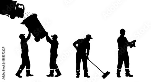 Workers performing various tasks in a public sanitation service operation from a side viewpoint