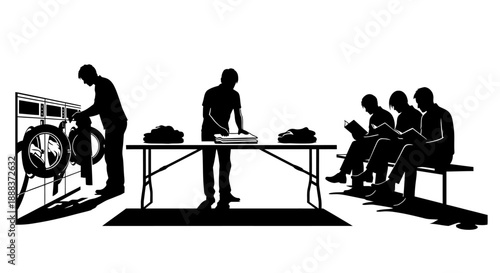 Silhouetted workers examining machinery while others wait on a bench in an industrial setting from a front viewpoint