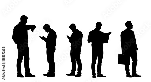 Group of business professionals using various devices and documents while standing in a row
