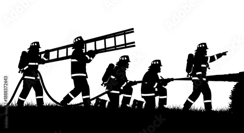 Firefighters in action carrying equipment during emergency response