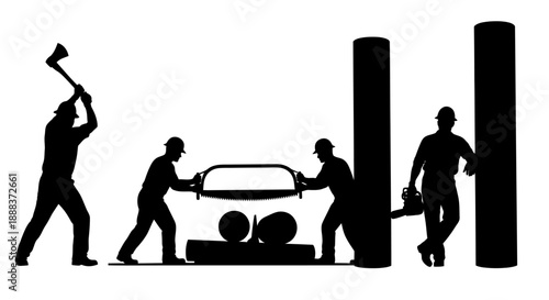Men working together to smash a car with a hammer in an industrial setting illustration