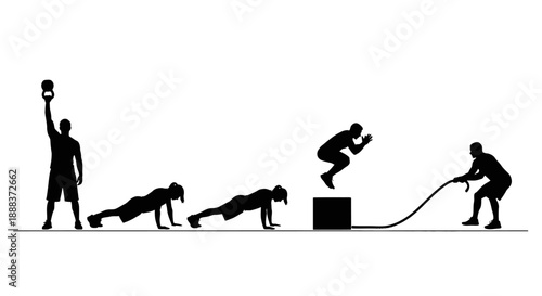 Individuals Engaging in Various Fitness Exercises and Strength Training Activities Silhouetted Against a Neutral Background