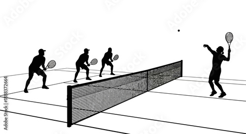 Four athletes engaged in a doubles tennis match on a court with a net, viewed from the side