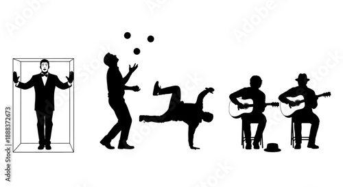 Silhouettes of entertainers performing various acts on a stage or in a theater environment from a front viewpoint