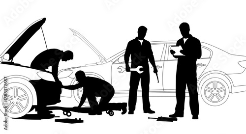 Automotive professionals servicing a vehicle beside a sleek car under inspection